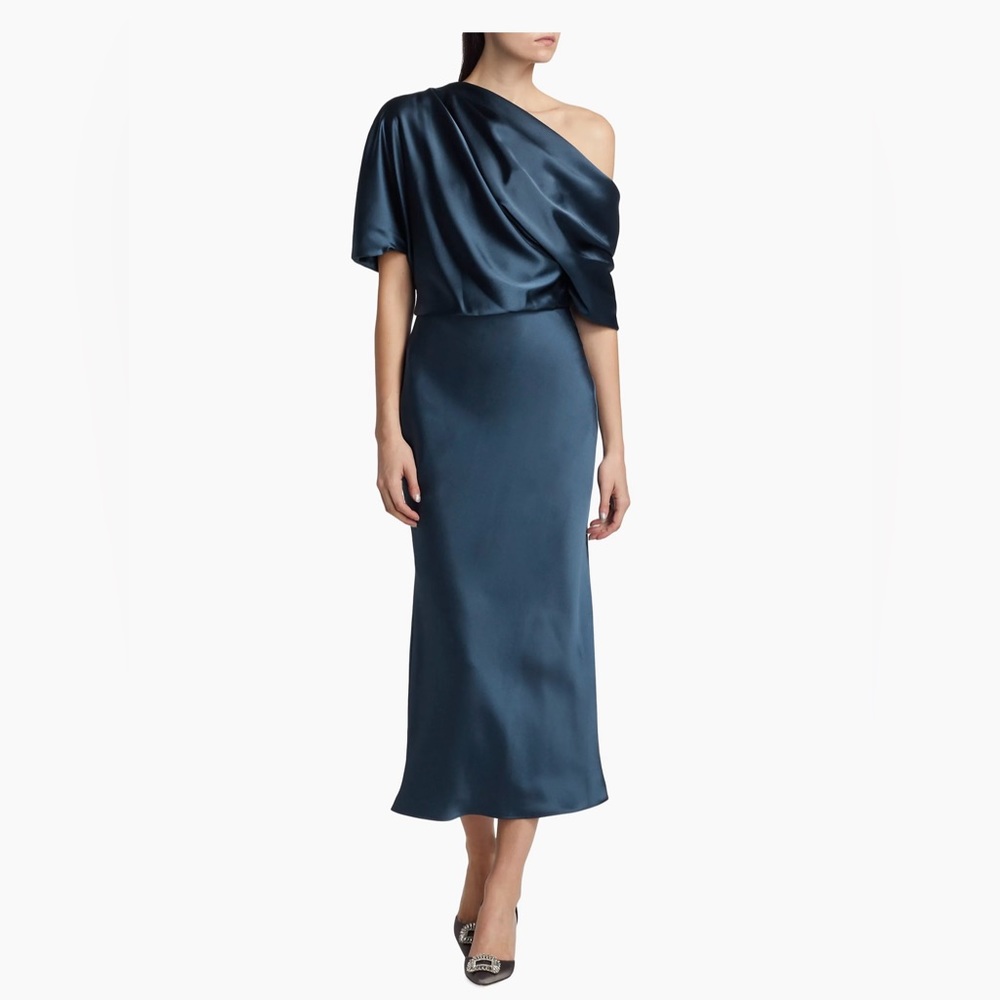 Amsale Draped Satin Pencil Midi-Dress, Size 0, French Blue